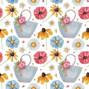 Beyaz arka planda çiçekli ve yaz çantalı kusursuz suluboya desenli. Kartpostallar, tebrik kartları, paketleme ve diğer tasarım için ideal.