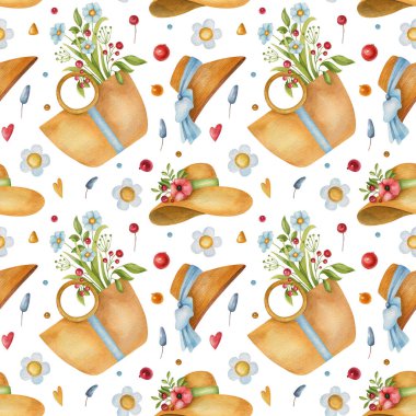 Beyaz arka planda torba, çiçek, şapka ve çiçek unsurlarıyla kusursuz suluboya deseni. Parlak yaz illüstrasyonu. Tekstil, ambalaj, ambalaj ve diğer tasarımlar için ideal.