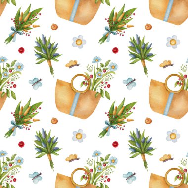 Çiçekli, çantalı, kelebekli ve dutlu kusursuz suluboya desenli. Parlak yaz illüstrasyonu. Kartpostallar, tebrik kartları, paketleme ve diğer tasarım için ideal.