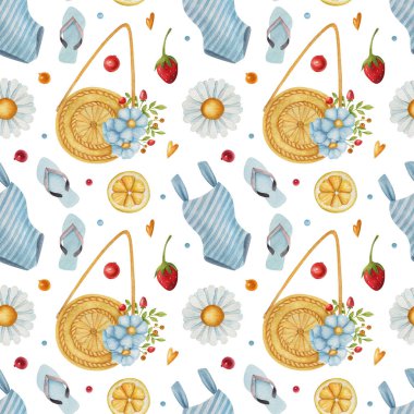 Terlik, yaz çantası, bikini, çiçek ve böğürtlen arkaplanlı kusursuz suluboya deseni. Parlak yaz illüstrasyonu. Kartpostallar, tebrik kartları, paketleme ve diğer tasarım için ideal.