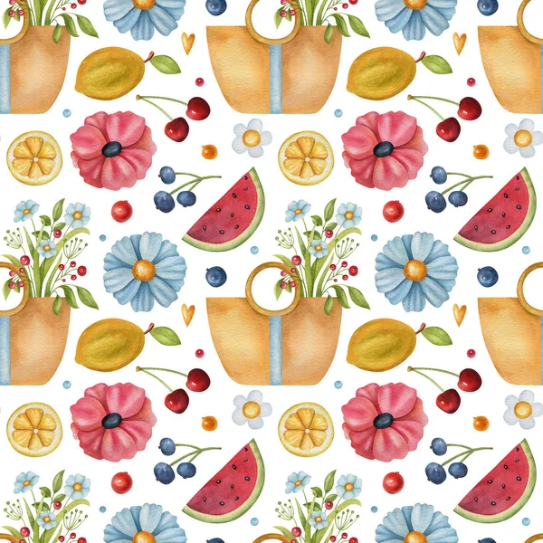 Seamless Watercolor Pattern Bag Flower Watermelon Lemon Cherry Blueberry White — Stock Photo, Image