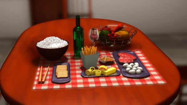 Various food on kitchen table — Stock Video