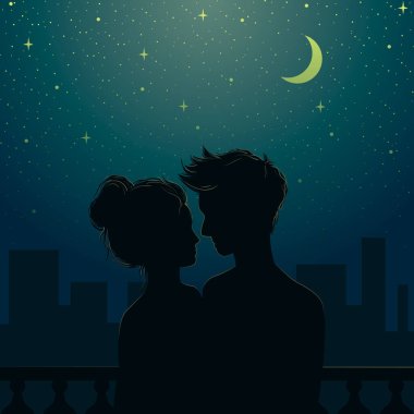 Romantik bir kadın ve aşık bir adam gece gökyüzünün ve karanlık şehrin arka planına karşı. Vektör düz resimleme.
