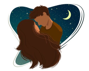 Romantik düz çizim. Sevgili erkek ve kadın, gece gökyüzünün arka planında birbirlerine sarılıyorlar..