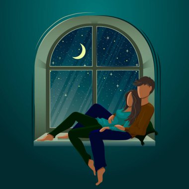 Penceredeki bir çiftin vektör düz çizimi. Romantik kadın ve erkek aşık olduğu gece evdeler..