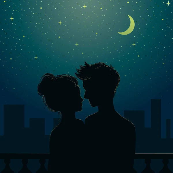 夜空と闇の街を背景に ロマンチックな女性と夜の恋の男 ベクトル平図 — ストックベクタ