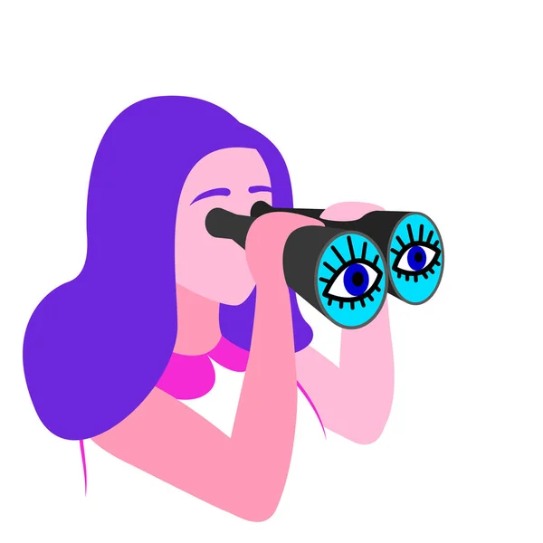 年轻女人通过双筒望远镜看 矢量平面插图 — 图库矢量图片