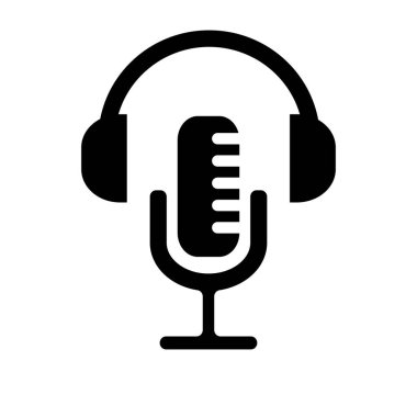 Podcast Bilgisayar Simgesi. Mikrofon ve kulaklık. Vektör illüstrasyonu beyaz arkaplanda izole edildi