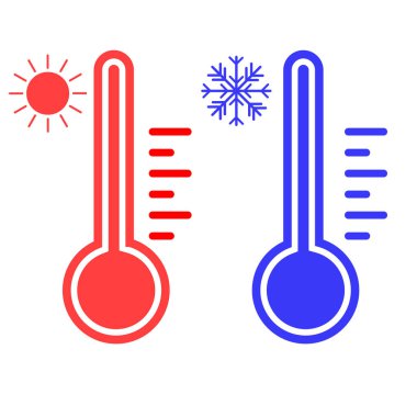 Meteoroloji termometre simgeleri. Sıcak ve soğuk. Beyaz arkaplanda vektör çizimi izole edildi. Güneş kar taneleri. 