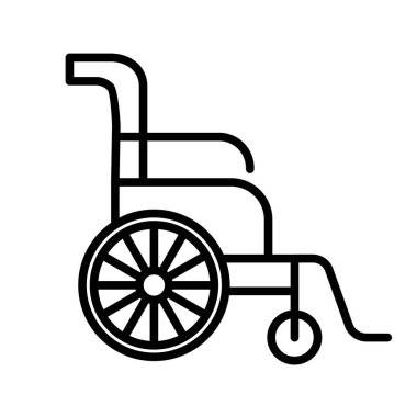 Tekerlekli sandalye ikonu. Engelli veya felçli hastalara yardım etme kavramı. Vektör illüstrasyonu beyaz arkaplanda izole edildi