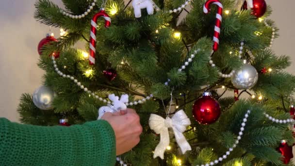 Uma Bela Árvore Natal Está Decorada — Vídeo de Stock