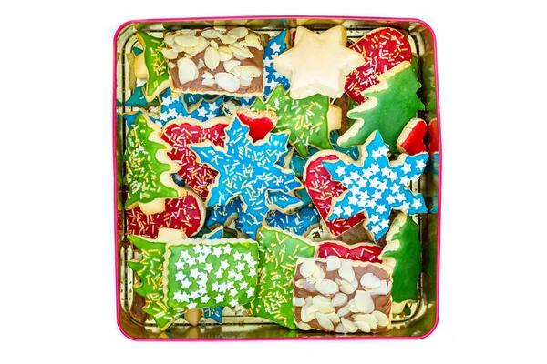 Mnoho Různých Cookies Krabici Před Bílým Pozadím — Stock fotografie
