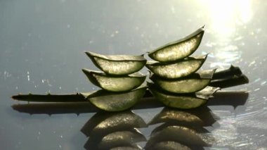 Dilimlenmiş aloe vera, arka planda güneş olan yansıtıcı bir yüzeyde yatar.