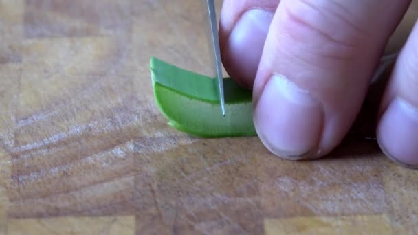 Aloe Vera Cortado Pequenos Pedaços Uma Placa Madeira — Vídeo de Stock