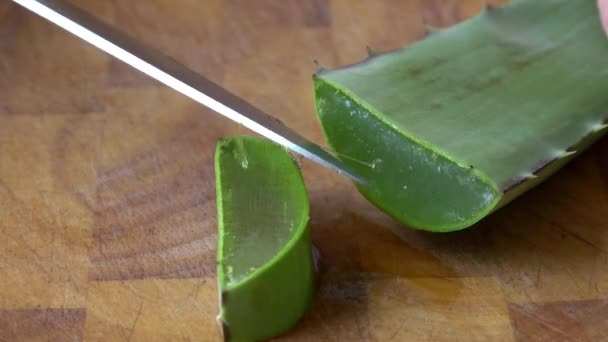 Aloe Vera Krájí Malé Kousky Dřevěné Desce — Stock video