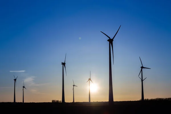 日落时许多风力涡轮机矗立在田里发电 — 图库照片