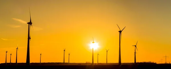 日落时的许多风力涡轮机的全景 — 图库照片