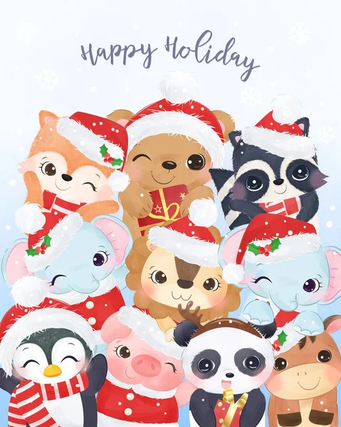 水彩風の愛らしいアニメとクリスマスグリーティングカード クリスマスの背景イラスト — ストックベクタ