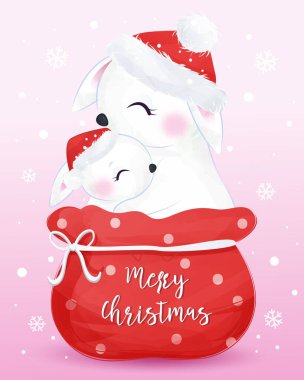 İçinde suluboya şekilli sevimli animasyonlar olan Noel tebrik kartı. Noel arkaplan çizimi.