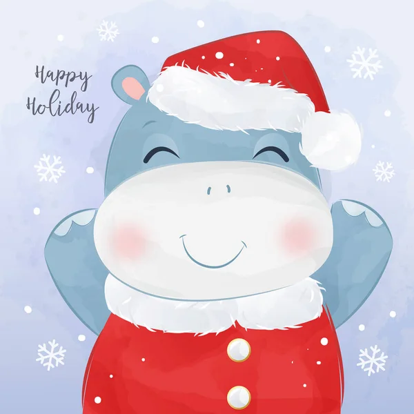 Karácsonyi Üdvözlőlap Víziló Illusztrációkkal Aranyos Karácsonyi Üdvözlőlap — Stock Vector