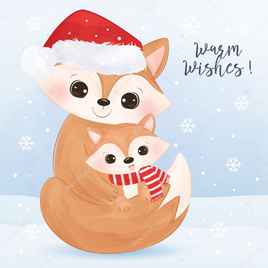 Christmas greeting card with adoorable animas in watercolor style. Christmas background illustration.
