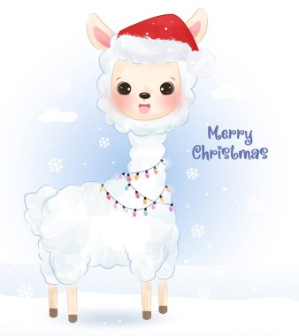 Suluboya tarzında şirin hayvanların olduğu Noel tebrik kartı. Noel arkaplan çizimi.