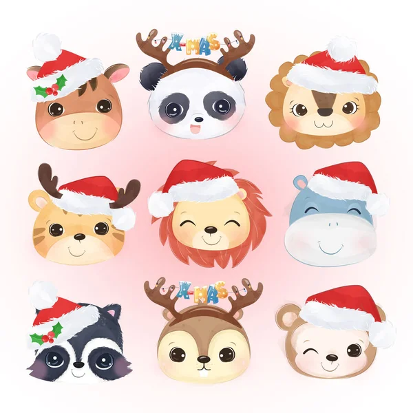 Karácsonyi Üdvözlőlap Aranyos Állatok Akvarell Stílusban Karácsonyi Háttér Illusztráció — Stock Vector