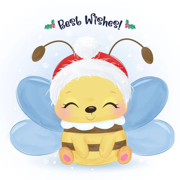 Świąteczna Kartka Uroczą Pszczołą Akwarelowym Stylu Boże Narodzenie Tło Ilustracja — Wektor stockowy