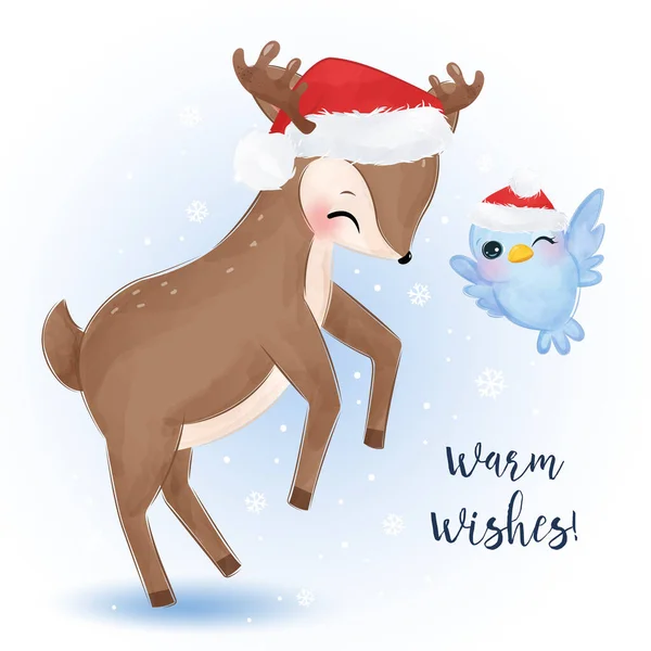 Vánoční Přání Roztomilými Zvířaty Stylu Akvarelu Vánoční Pozadí Ilustrace — Stockový vektor