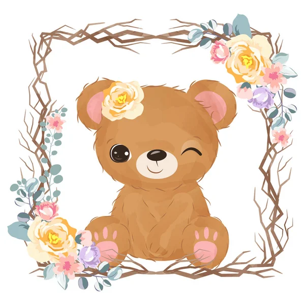 Χαριτωμένο Μικρό Αρκουδάκι Στην Εικόνα Ακουαρέλα — Διανυσματικό Αρχείο