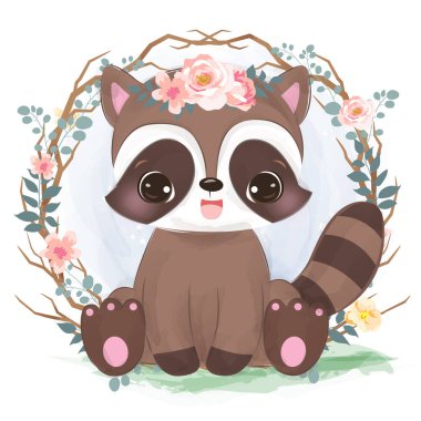 Suluboya resimli şirin bir rakun.