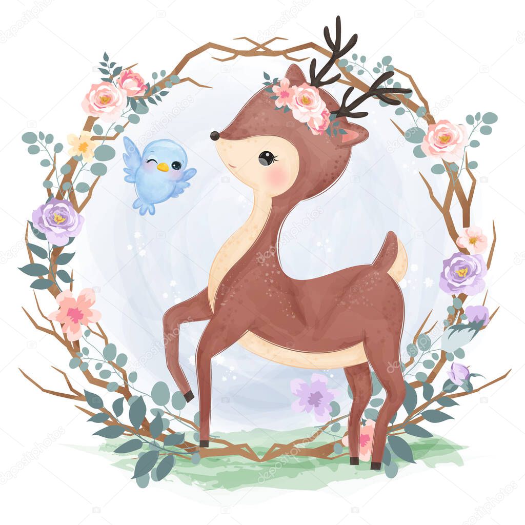 Cute little reindeer in watercolor illustration