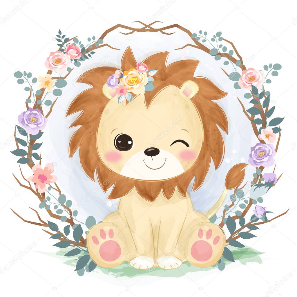Cute little lion in watercolor illustration