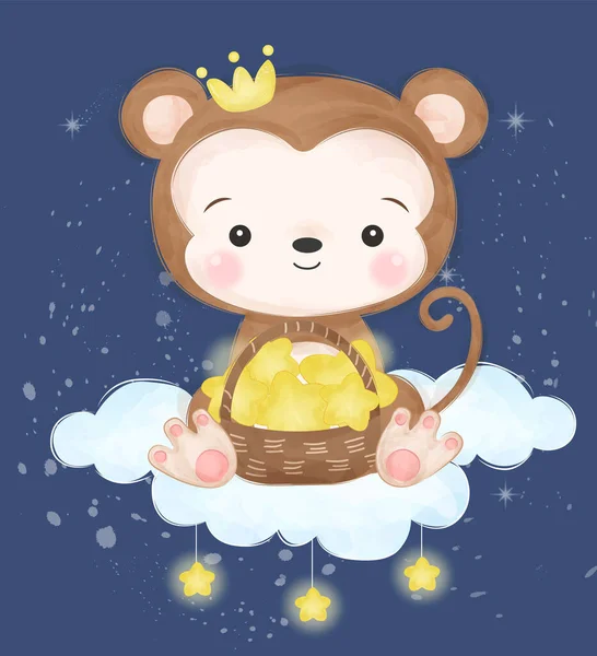 Cute baby monkey in watercolor illustration