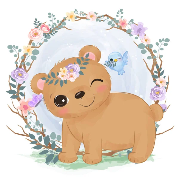 Cute Baby Bear Watercolor Illustration — Stock Vector