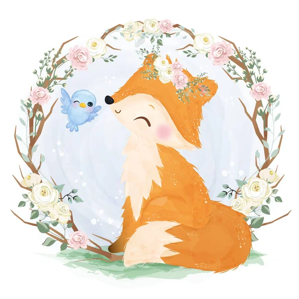 Cute baby fox in watercolor illustration