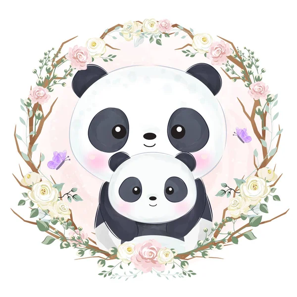 Cute Mom Baby Panda — Stock Vector