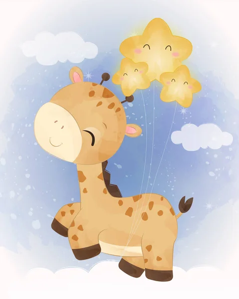 Adorable baby giraffe flying with stars in watercolor illustration for nursery decoration
