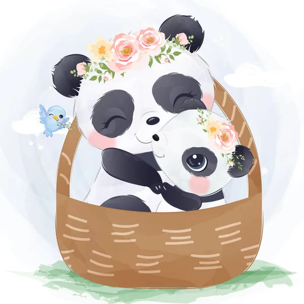 Cute mom and baby panda in watercolor illustration for nursery decoration