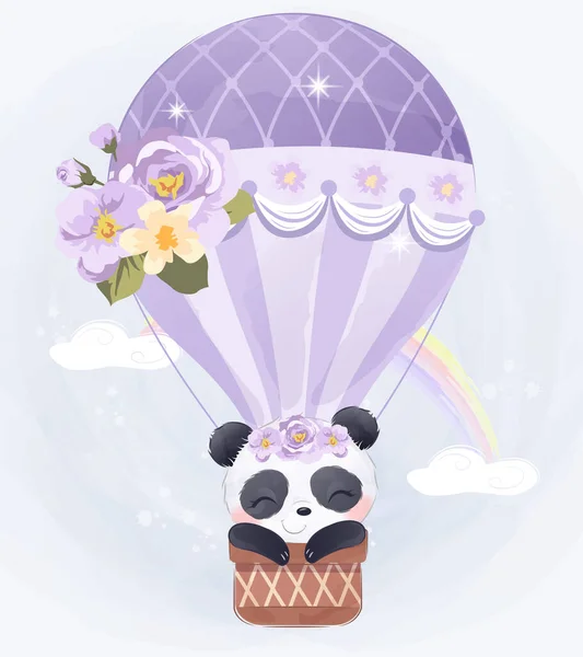 Adorable Bebé Panda Volando Con Globo Aerostático Acuarela Ilustración Para — Vector de stock