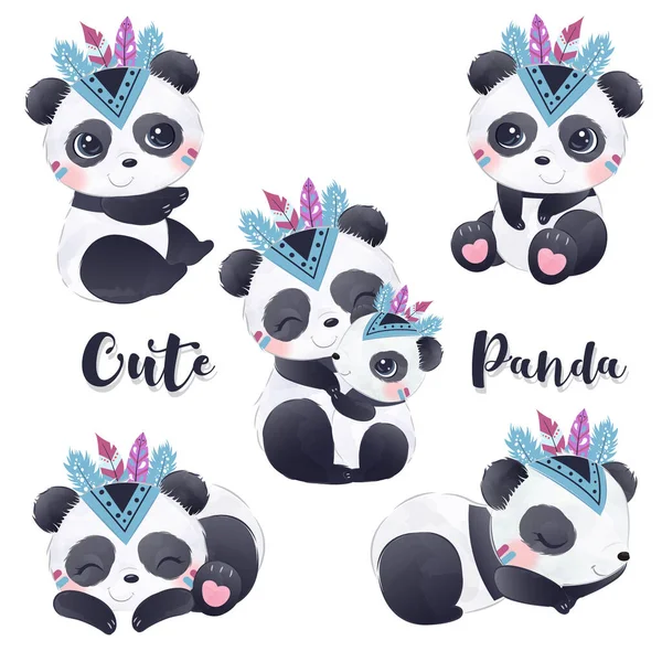 Adorable Boho Pandas Clip Art Set Watercolor Illustration Nursery Decoration — Stock Vector