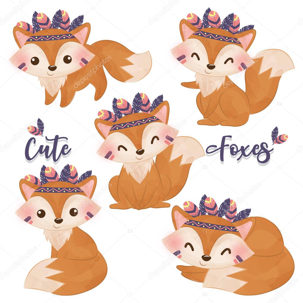 Adorable boho foxes clip-art set in watercolor illustration for nursery decoration