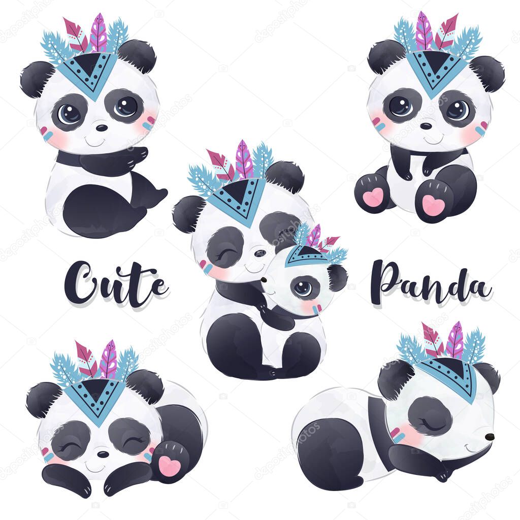Adorable boho pandas clip-art set in watercolor illustration for nursery decoration