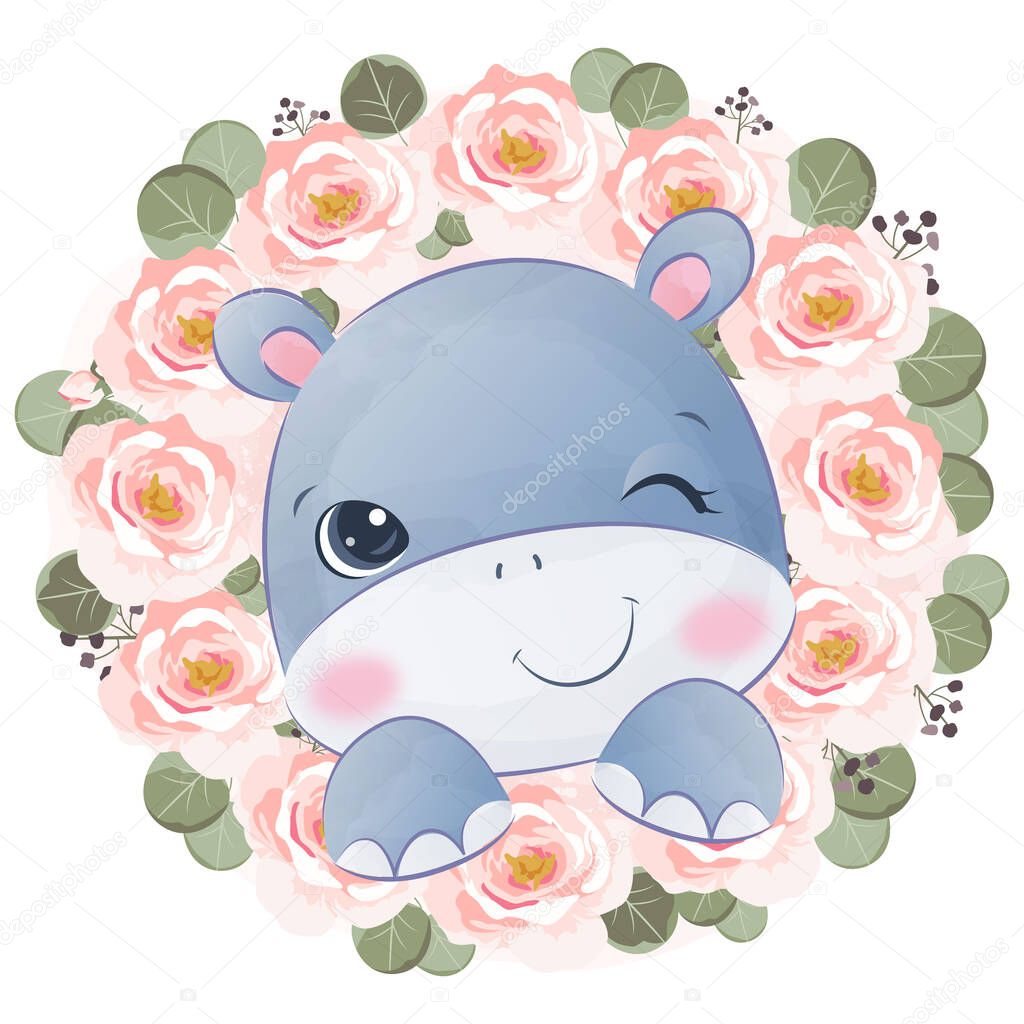 Adorable little hippo in watercolor illustration for nursery decoration
