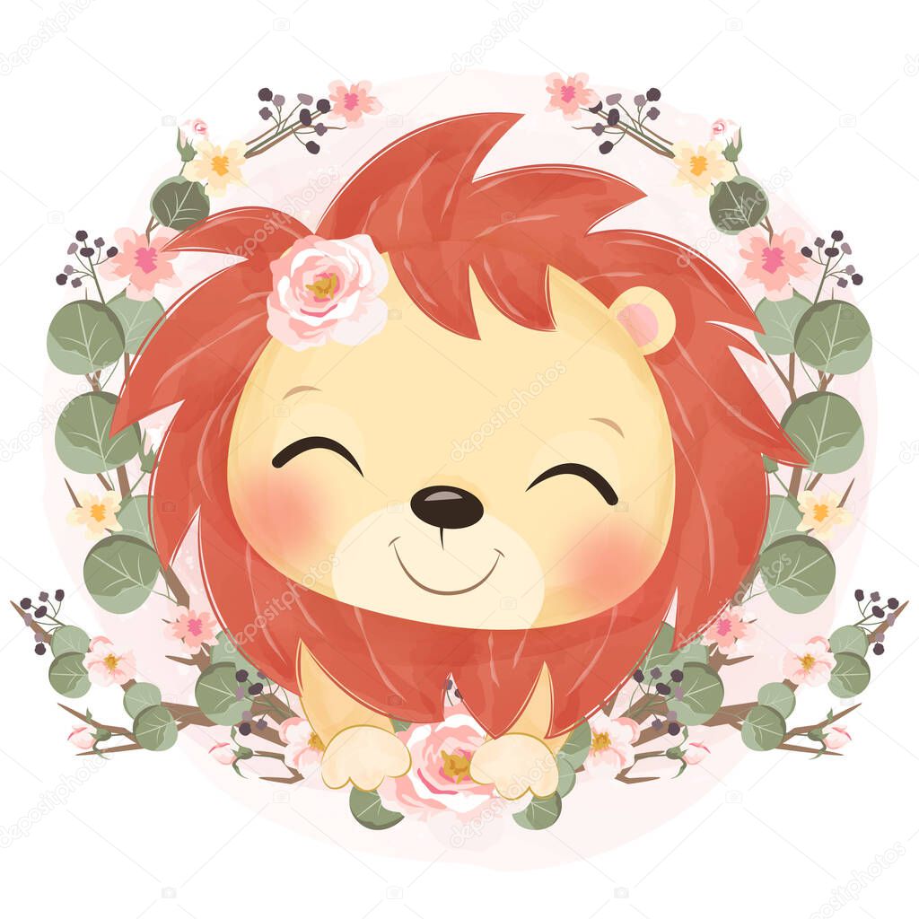 Adorable little lion in watercolor illustration for nursery decoration