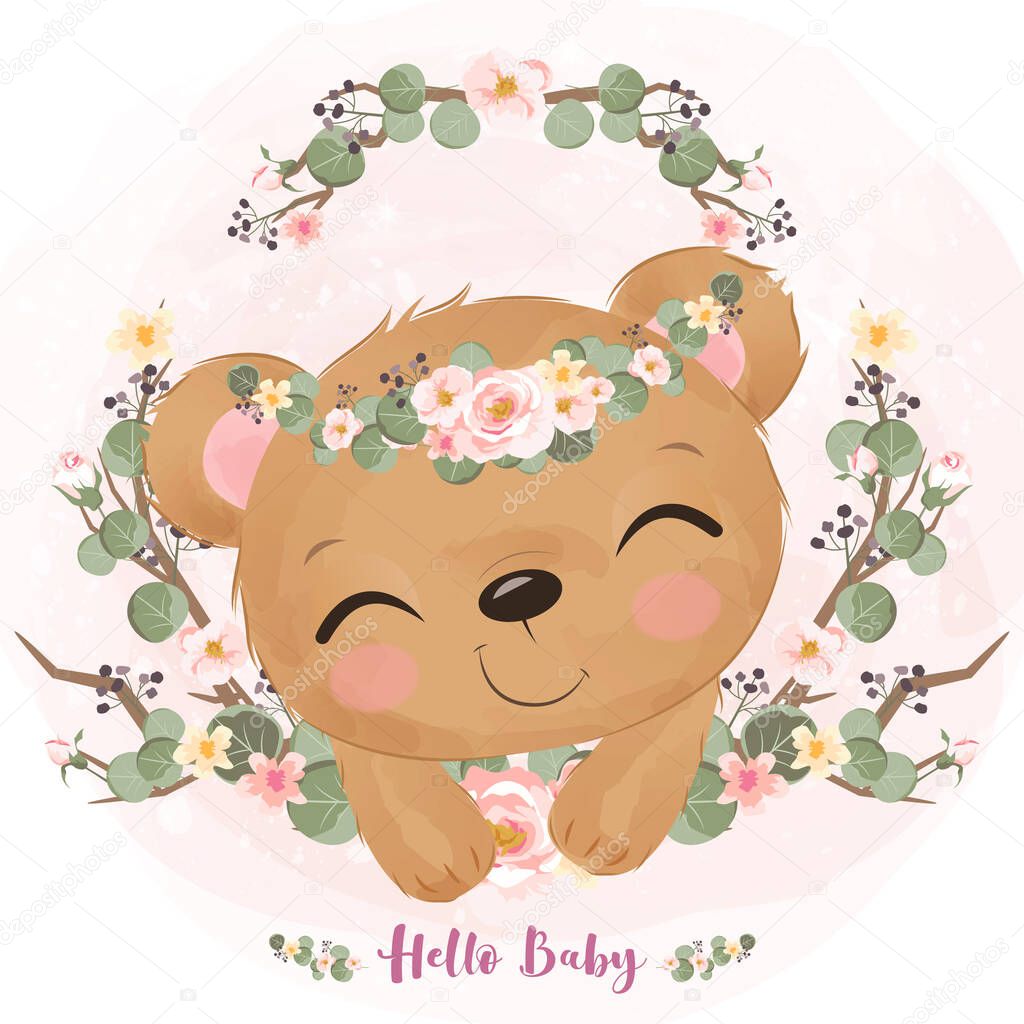 Adorable little bear in watercolor illustration for nursery decoration