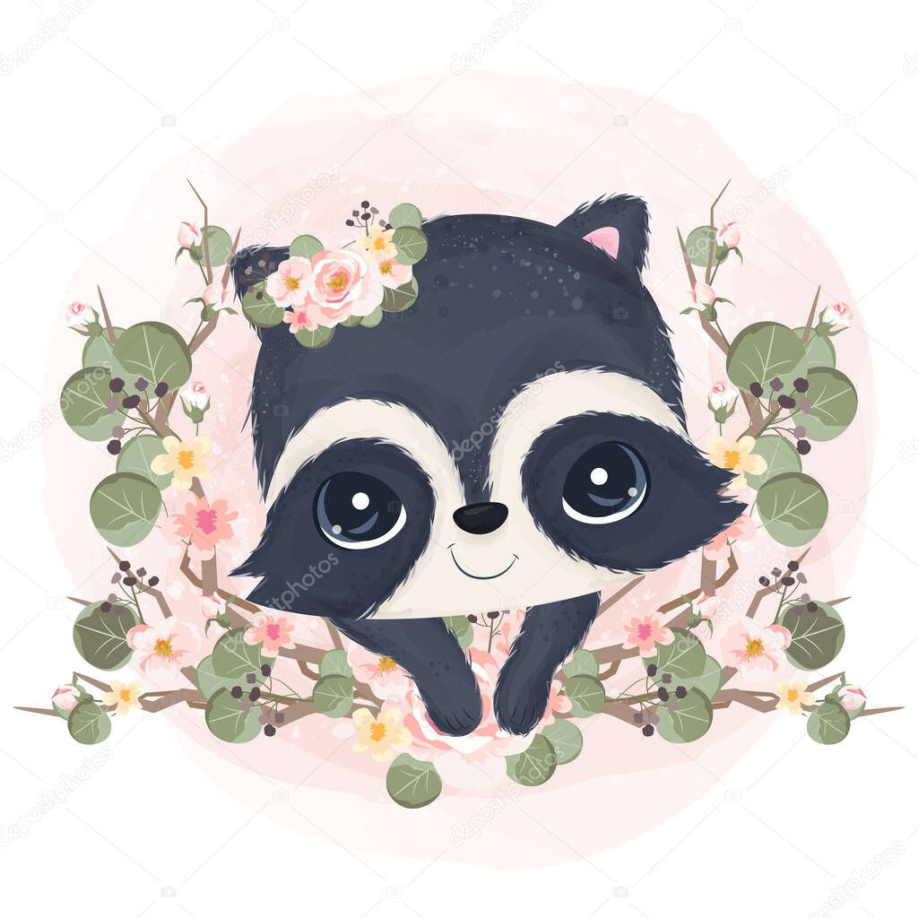 Adorable little raccoon in watercolor illustration for nursery decoration