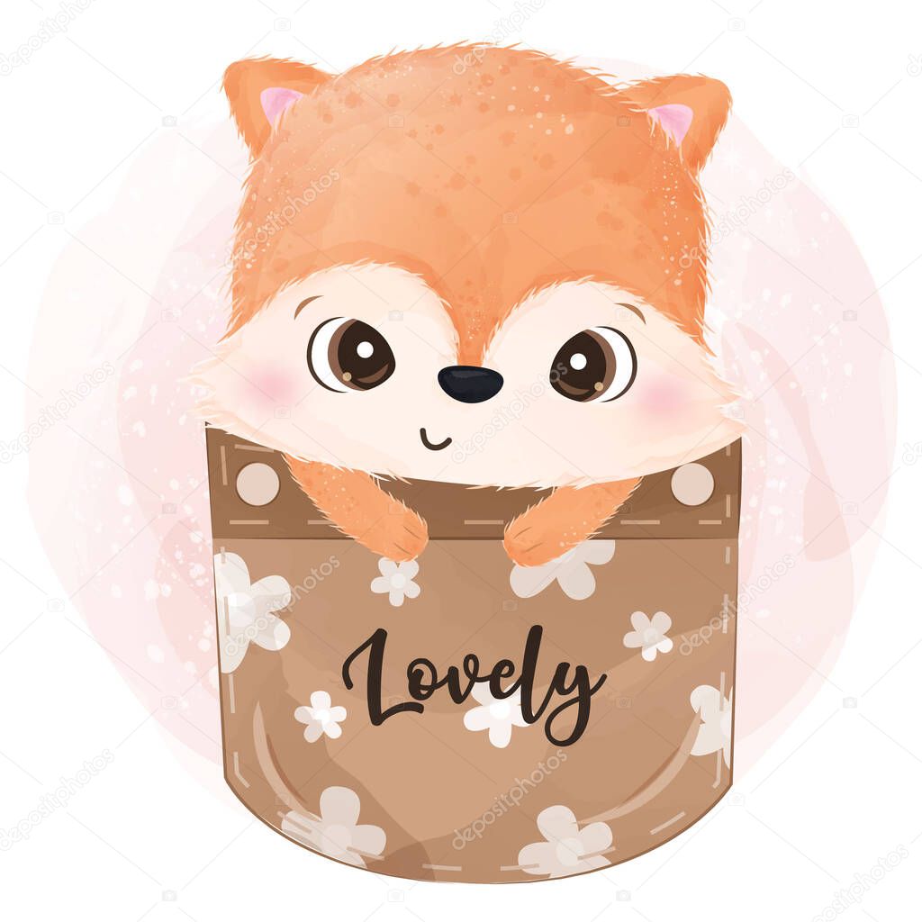 Adorable little fox in watercolor illustration for nursery decoration