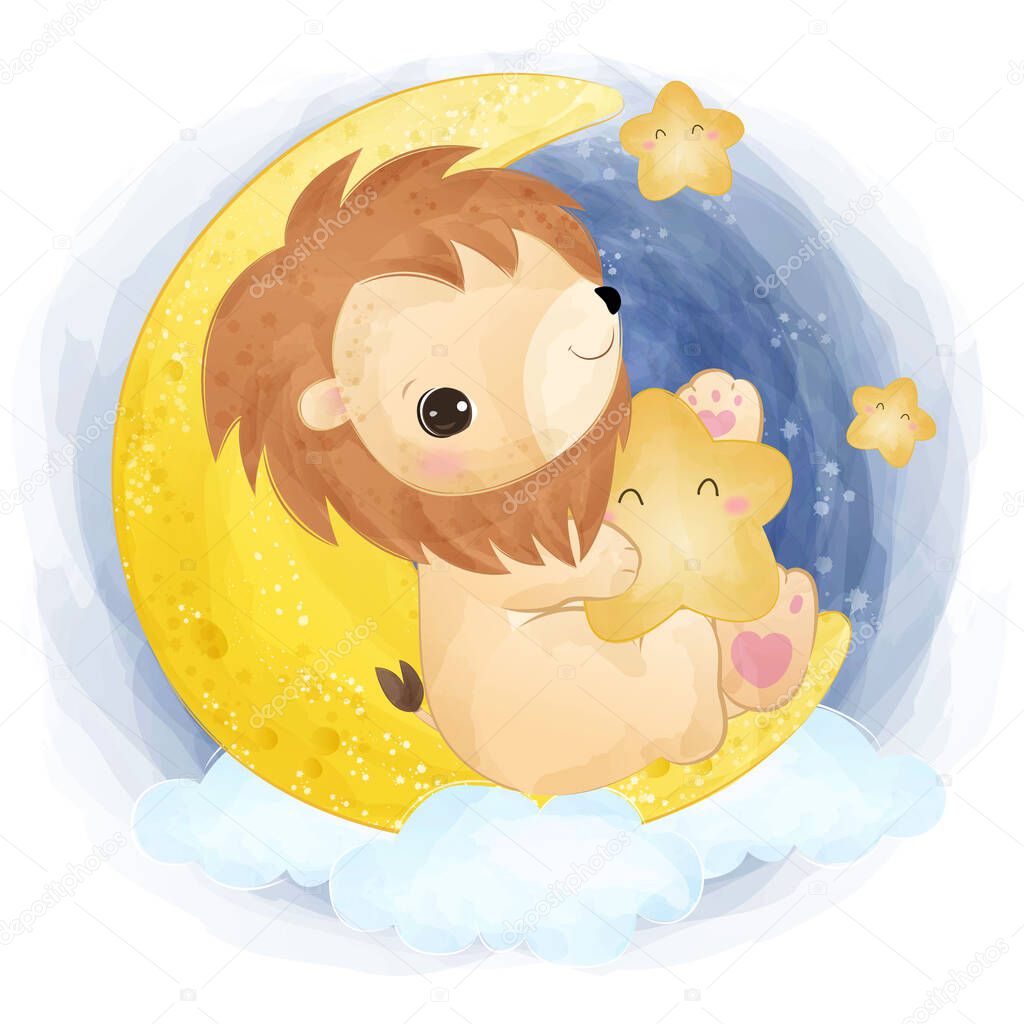 Adorable little lion in watercolor illustration for nursery decoration