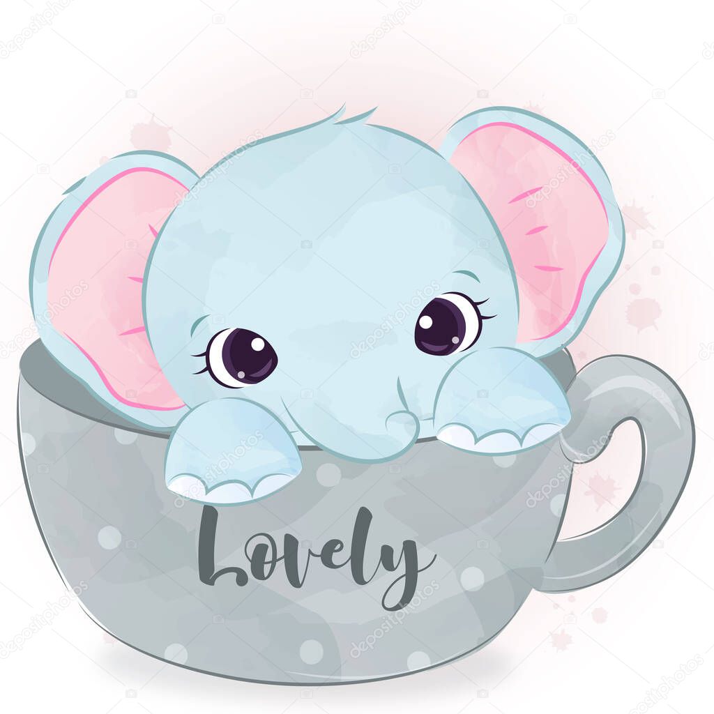 Adorable little elephant in watercolor illustration for nursery decoration
